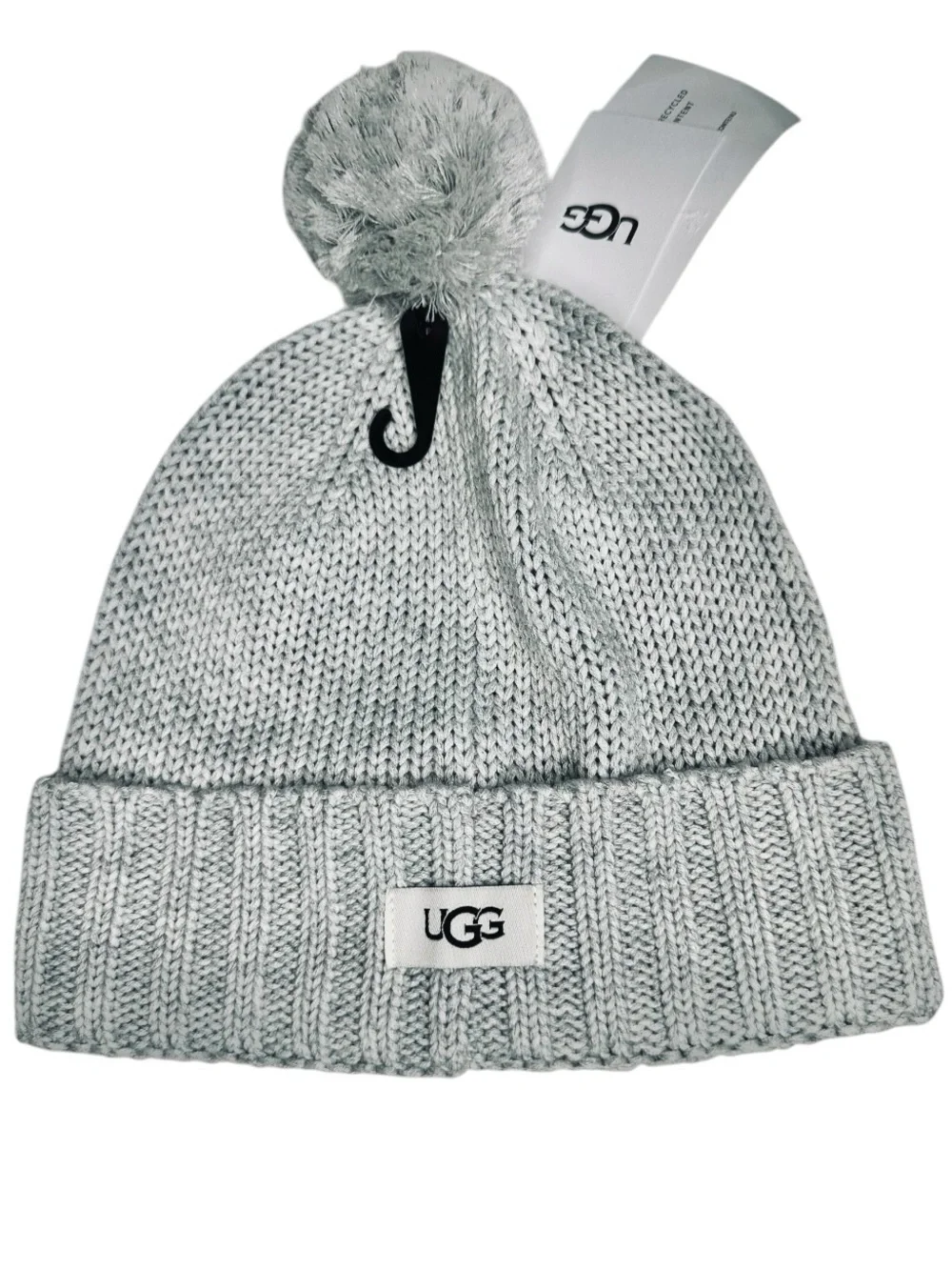 UGG Rib Cuff Hat Yarn Pom Knit Beanie Heather Gray Wool Blend One Size NWT